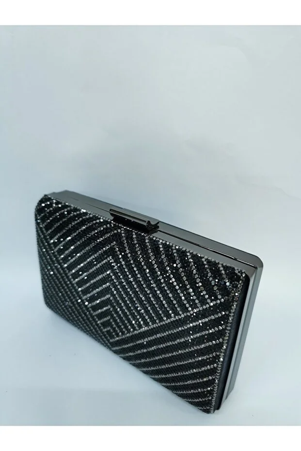 Kadın Siyah Taşlı Abiye Clutch Portföy El Gece Düğün Nişan Çantası